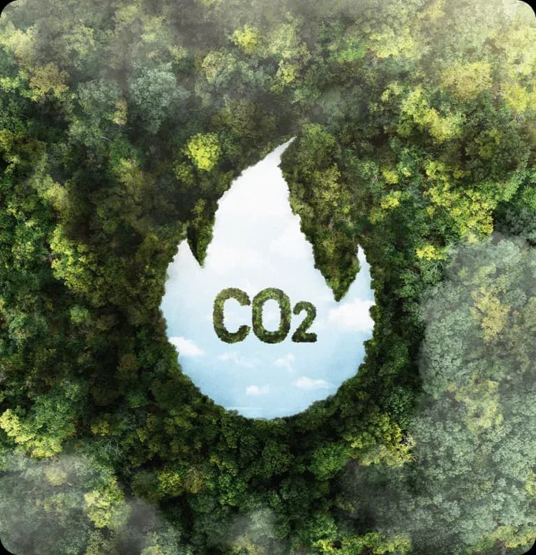 Illustrazione di una foresta con una radura a forma di goccia e la scritta CO2 Illustrazione di una foresta con una radura a forma di goccia e la scritta CO2