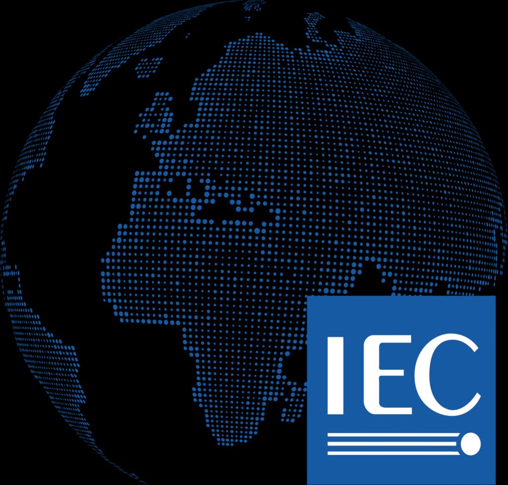 Blue dotted globe with an IEC logo Blue dotted globe with an IEC logo