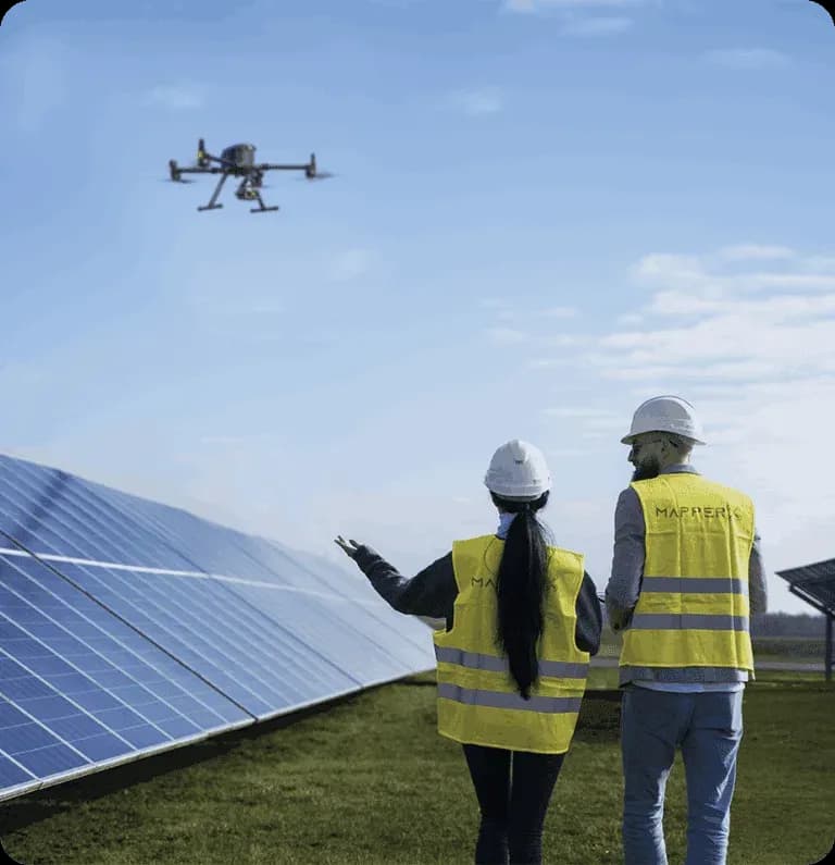 Two workers wearing safety vests beside solar panels with a drone overhead Two workers wearing safety vests beside solar panels with a drone overhead