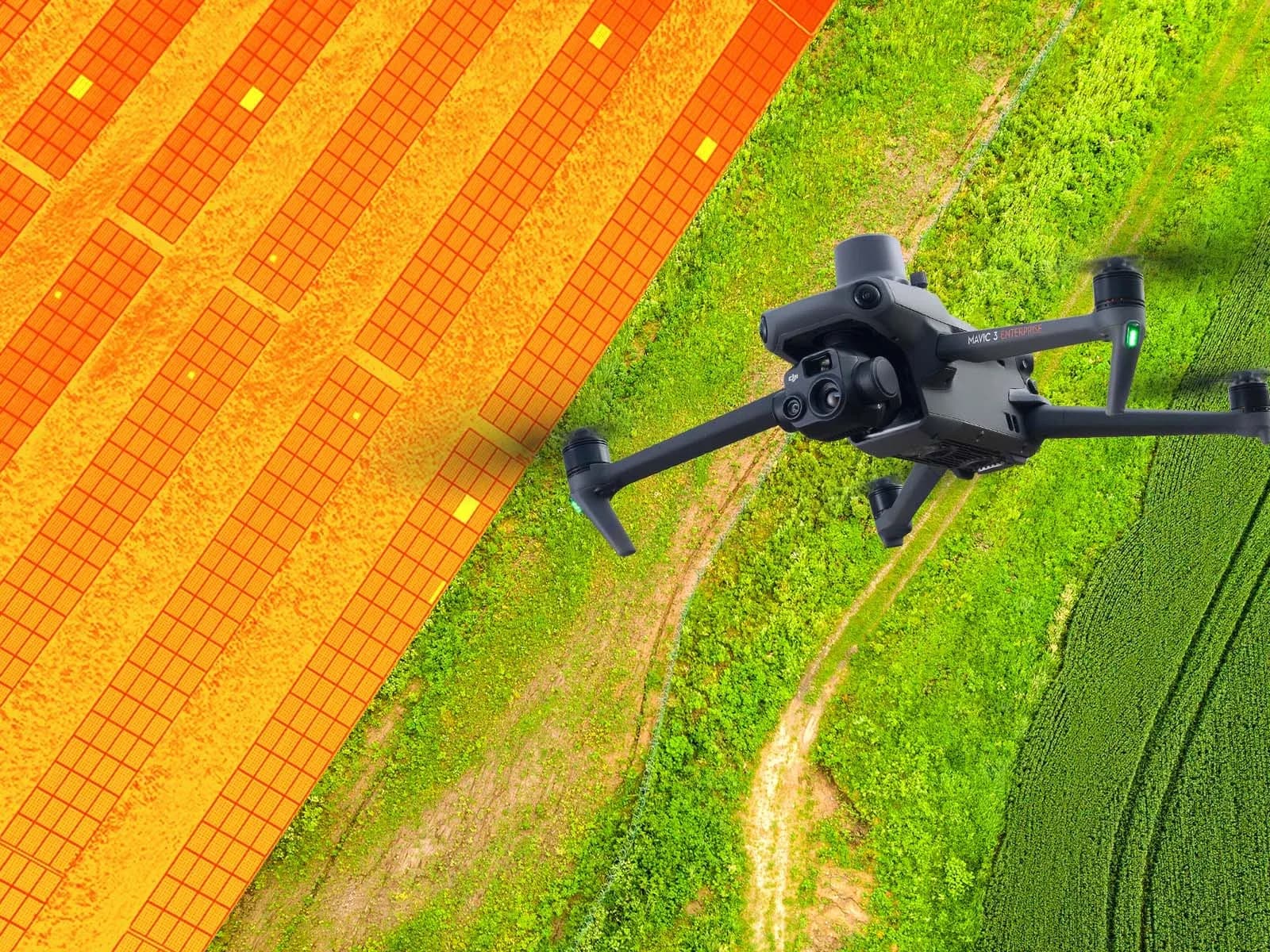 Illustration einer Drohne über einem Solarpark mit Naturfarben und thermischer Überlagerung Illustration einer Drohne über einem Solarfeld, geteilt in natürliche Farben und eine thermische Überlagerung