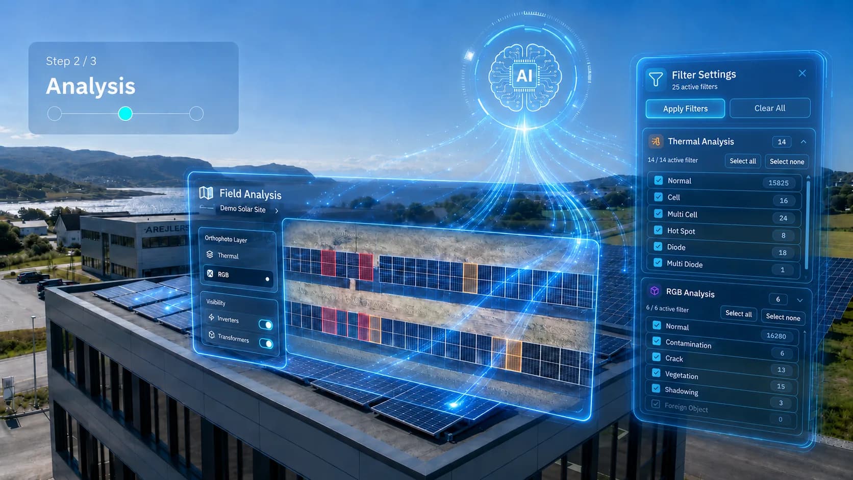 Ilustración de paneles solares en una cubierta con un símbolo de IA e interfaces de análisis térmico superpuestas Ilustración de paneles solares en una cubierta con un símbolo de IA e interfaces de análisis térmico superpuestas