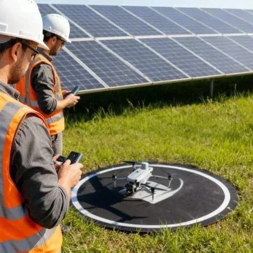 Technicians preparing a drone at a solar plant Two technicians with remote controllers next to a drone on its landing pad at a solar plant
