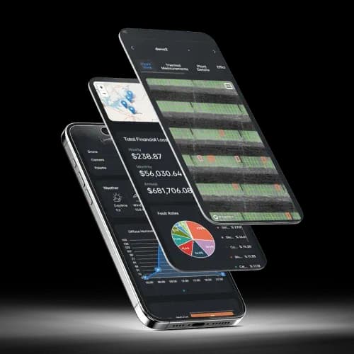 Inspection dashboard in the MapperX app MapperX inspection app on three smartphones, showing loss figures, a fault chart and a defect list
