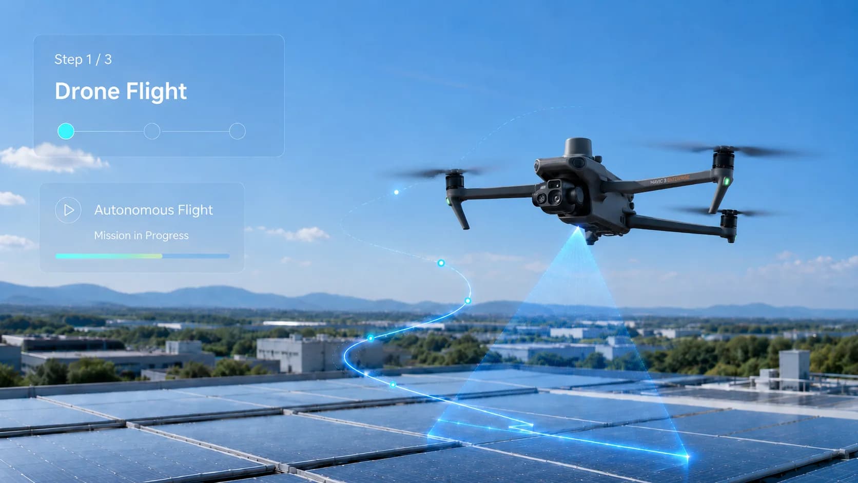 Ilustración de un dron sobre paneles solares con una trayectoria de vuelo marcada Ilustración de un dron sobre paneles solares con una trayectoria de vuelo marcada
