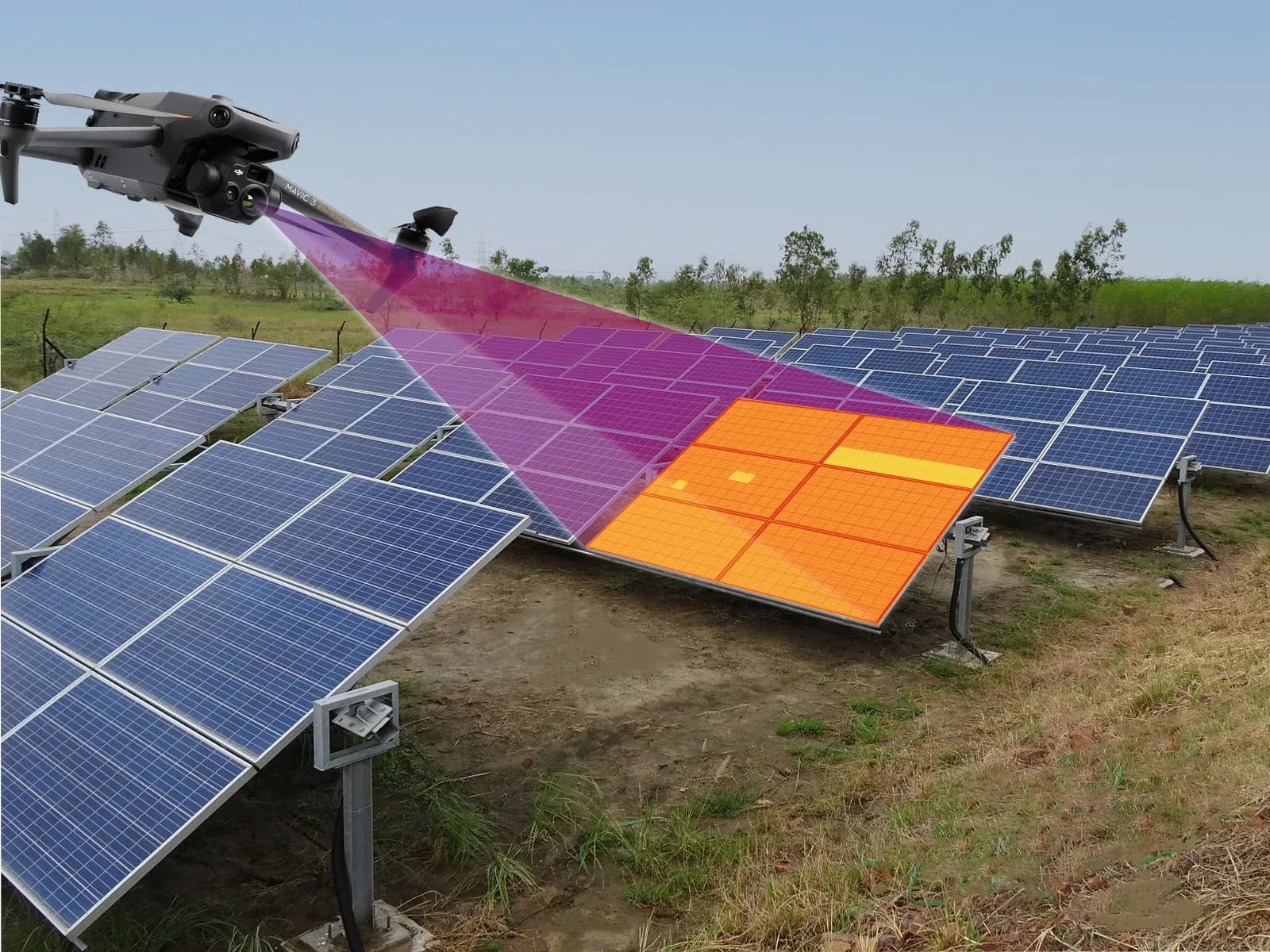 Illustration d’un drone balayant des panneaux solaires avec un faisceau violet et une superposition thermique orange Inspection d’un panneau solaire
