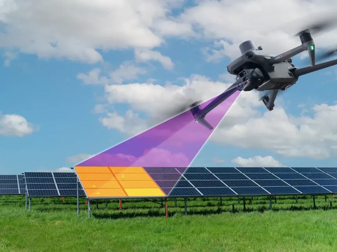 Illustratie van een drone die zonnepanelen scant met een paarse bundel en een oranje thermische overlay Veelvoorkomende misverstanden over zonneparken