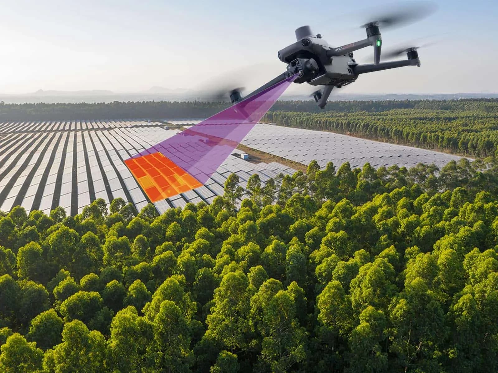 Illustration of a drone scanning solar panels with a purple beam and orange thermal overlay Illustration of a drone scanning solar panels with a purple beam and orange thermal overlay