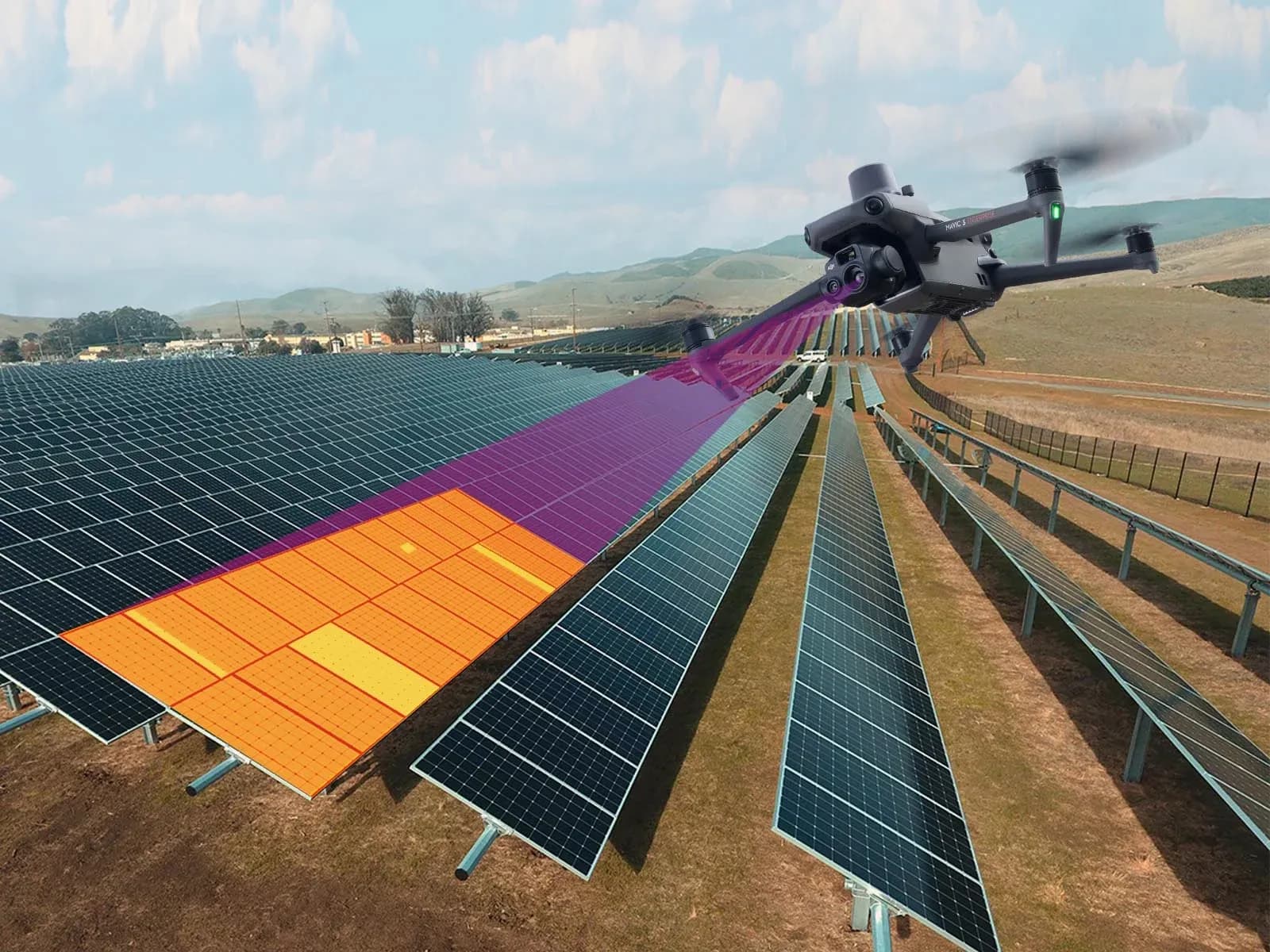 Illustratie van een drone die rijen zonnepanelen scant met een paarse bundel en een oranje thermische overlay Illustratie van een drone die rijen zonnepanelen scant met een paarse straal en een oranje thermische overlay