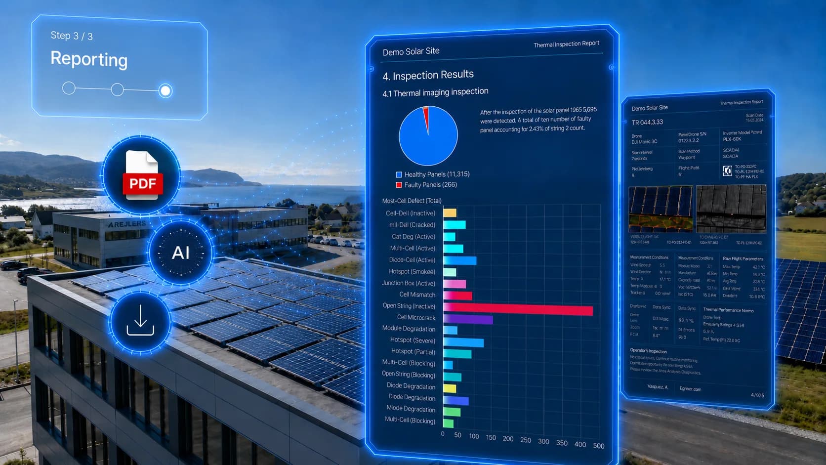 Illustration of solar inspection reports with charts and a PDF download icon