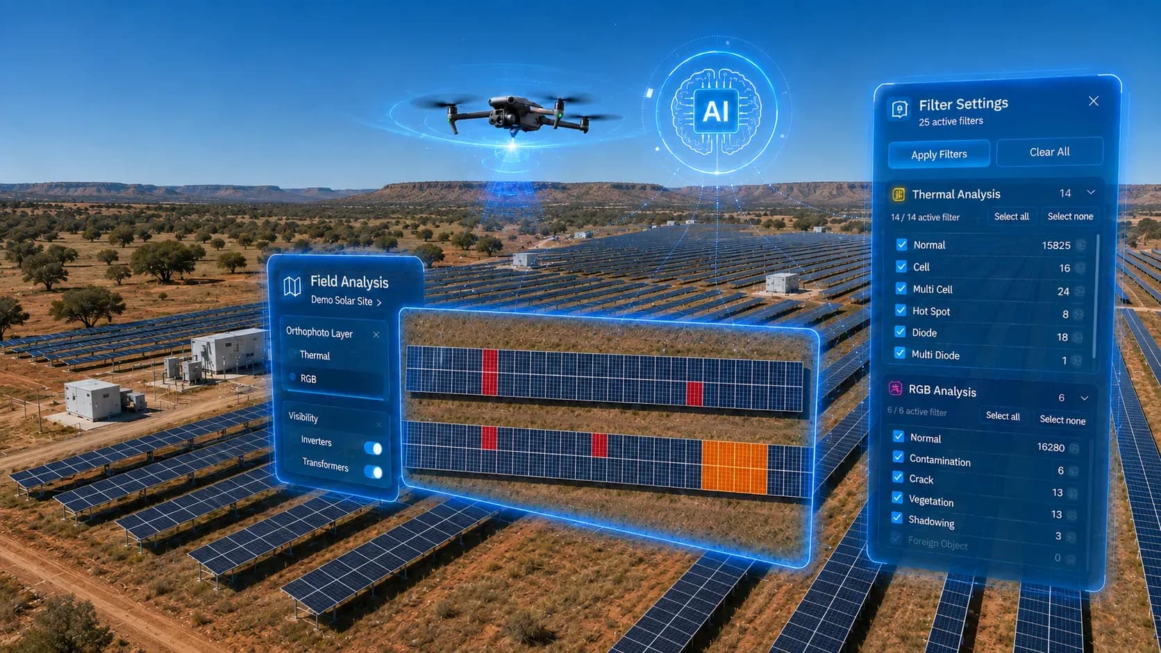 Inspección con dron de una planta fotovoltaica, con el panel de análisis térmico de MapperX sobre el campo solar. Inspección con dron de una planta fotovoltaica, con el panel de análisis térmico de MapperX sobre el campo solar.