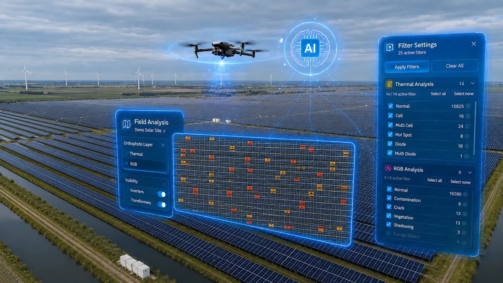 Impianto fotovoltaico di grande scala ispezionato con drone, con la mappa delle anomalie termiche prodotta da MapperX. Impianto fotovoltaico di grande scala ispezionato con drone, con la mappa delle anomalie termiche prodotta da MapperX.