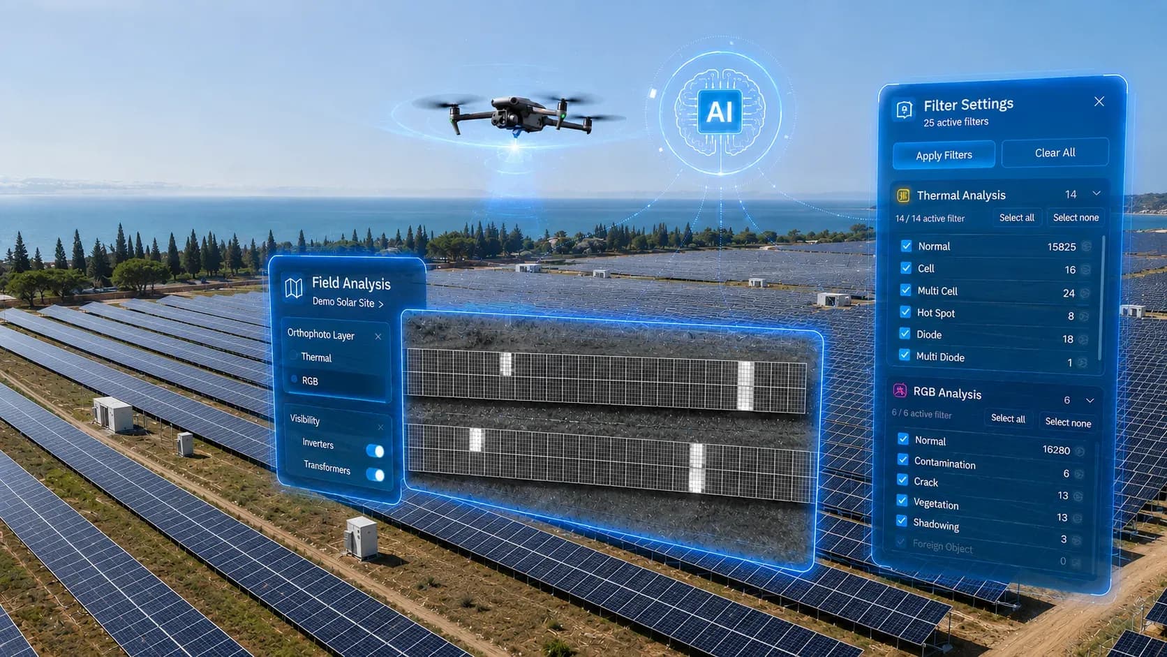 Ispezione con drone di un impianto fotovoltaico mediterraneo, con il pannello di analisi termica MapperX sulle stringhe. Ispezione con drone di un impianto fotovoltaico mediterraneo, con il pannello di analisi termica MapperX sulle stringhe.