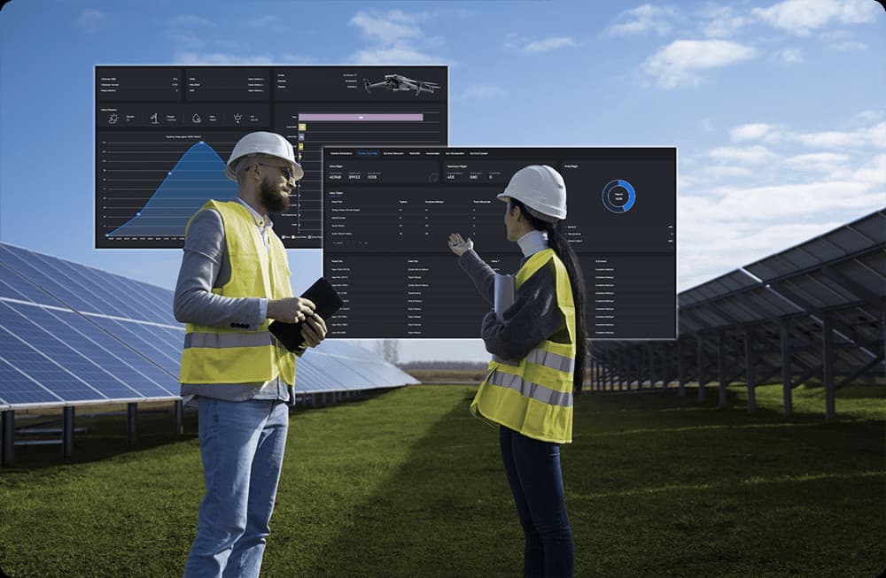 Composite of two workers among solar panels with analysis dashboards in the background Composite of two workers among solar panels with analysis dashboards in the background