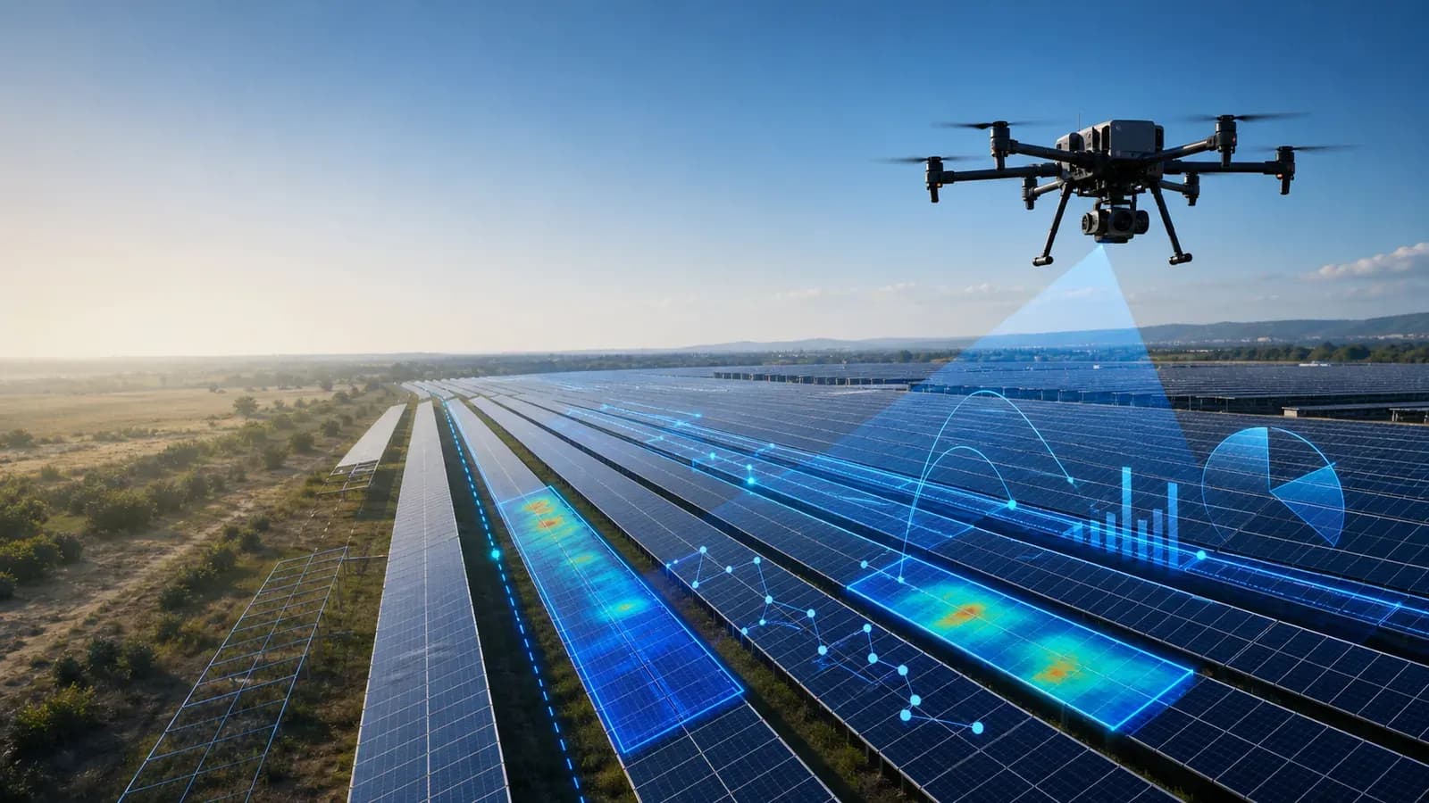 Illustratie van een drone boven zonnepanelen met thermische beelden en grafieken