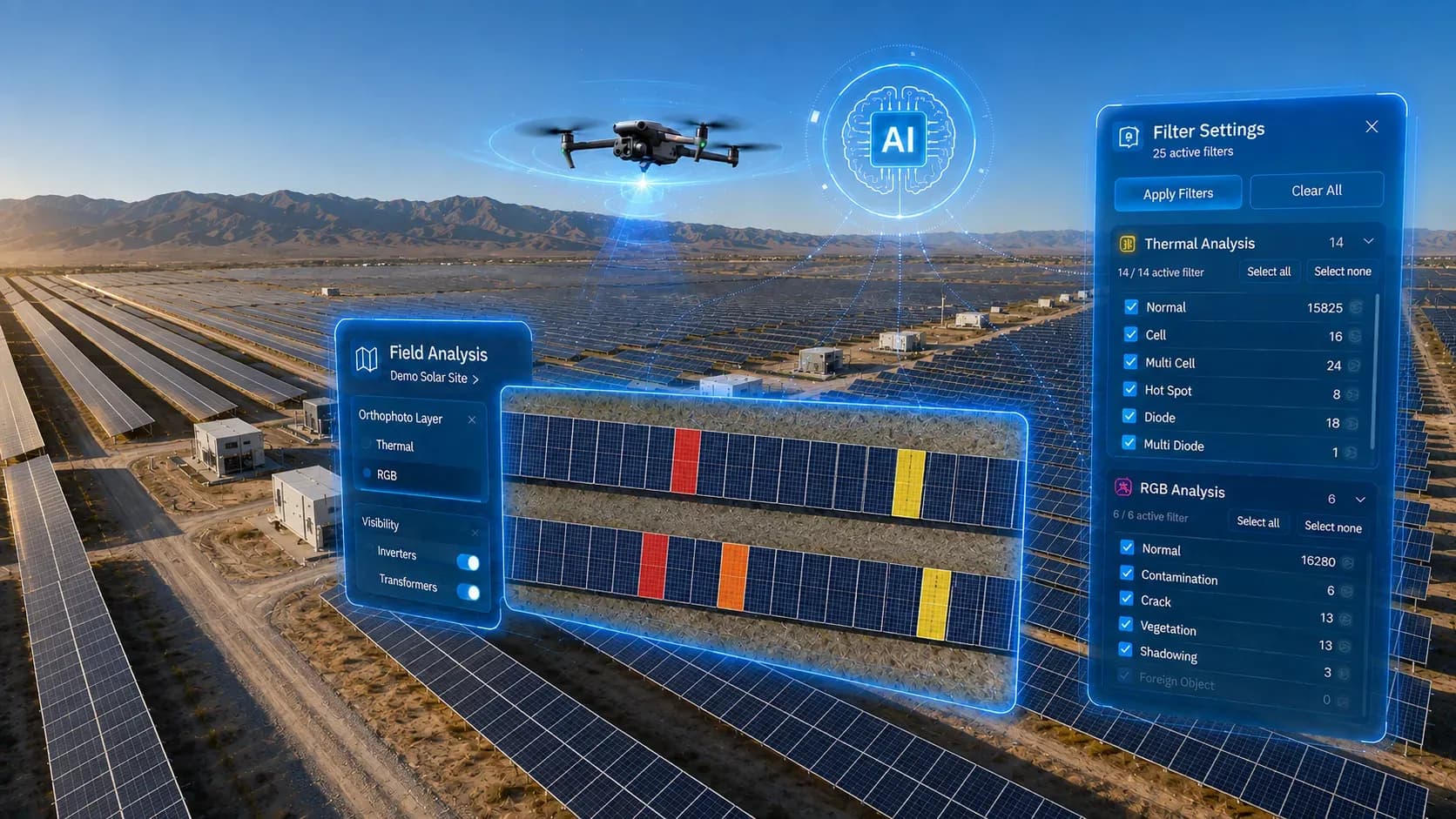 Drone thermal inspection of a utility-scale solar plant, with the MapperX field analysis overlay listing detected anomaly types. Drone thermal inspection of a utility-scale solar plant, with the MapperX field analysis overlay listing detected anomaly types.