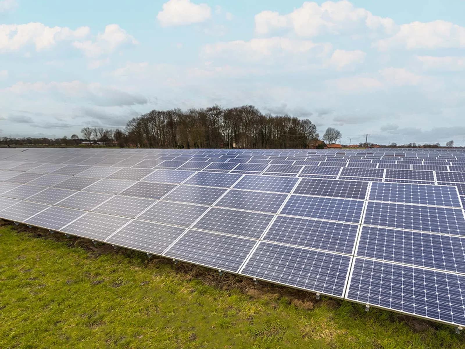 Filas de paneles solares sobre hierba bajo un cielo nublado Instalación de paneles solares en zonas agrícolas