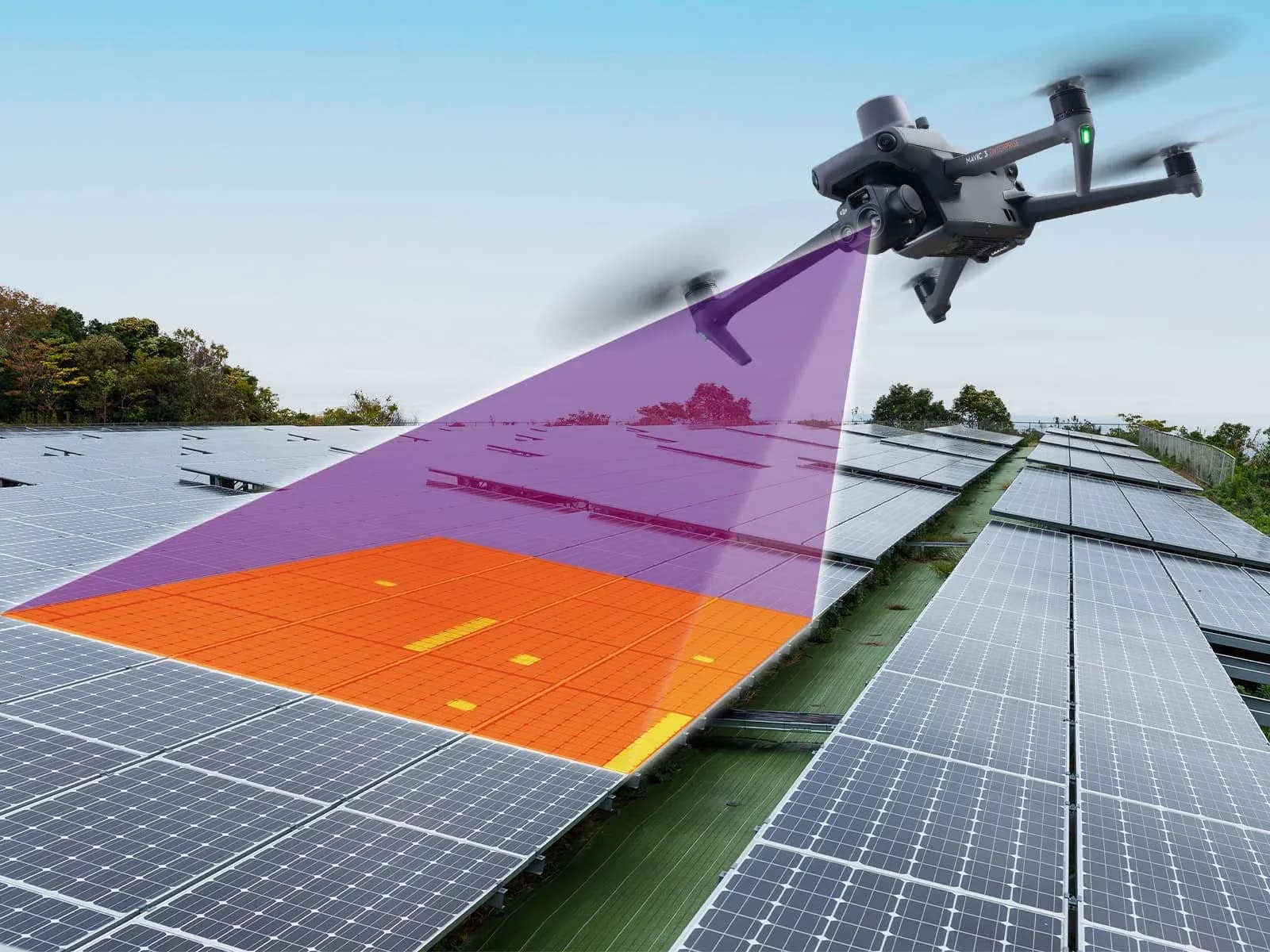 Illustratie van een drone die zonnepanelen scant met een paarse bundel en een oranje thermische overlay Hoe vaak zonneparken met drones geïnspecteerd moeten worden