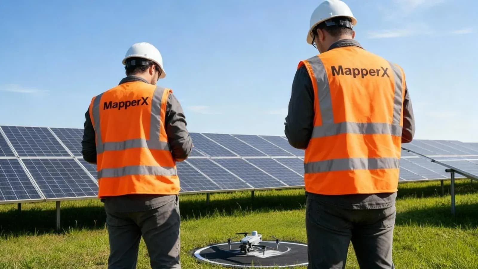 Zwei MapperX-Techniker stehen vor einem Solarpanel-Array an einer Drohnen-Landestation vor einem Inspektionsflug Zwei MapperX-Techniker stehen vor einem Solarpanel-Array an einer Drohnen-Landestation vor einem Inspektionsflug