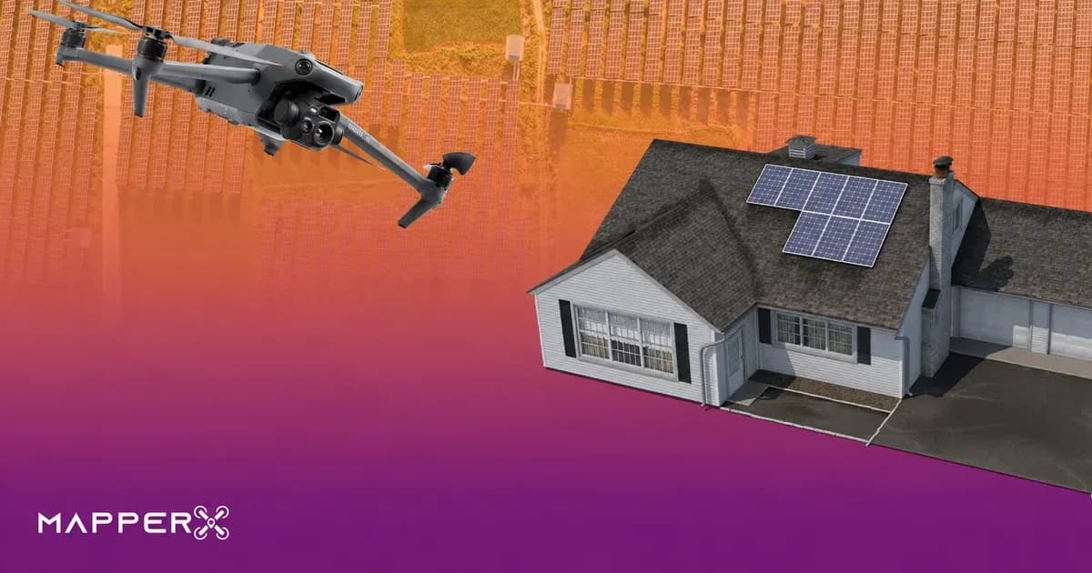Illustration of a drone beside a house with rooftop solar panels, with a solar farm in the background