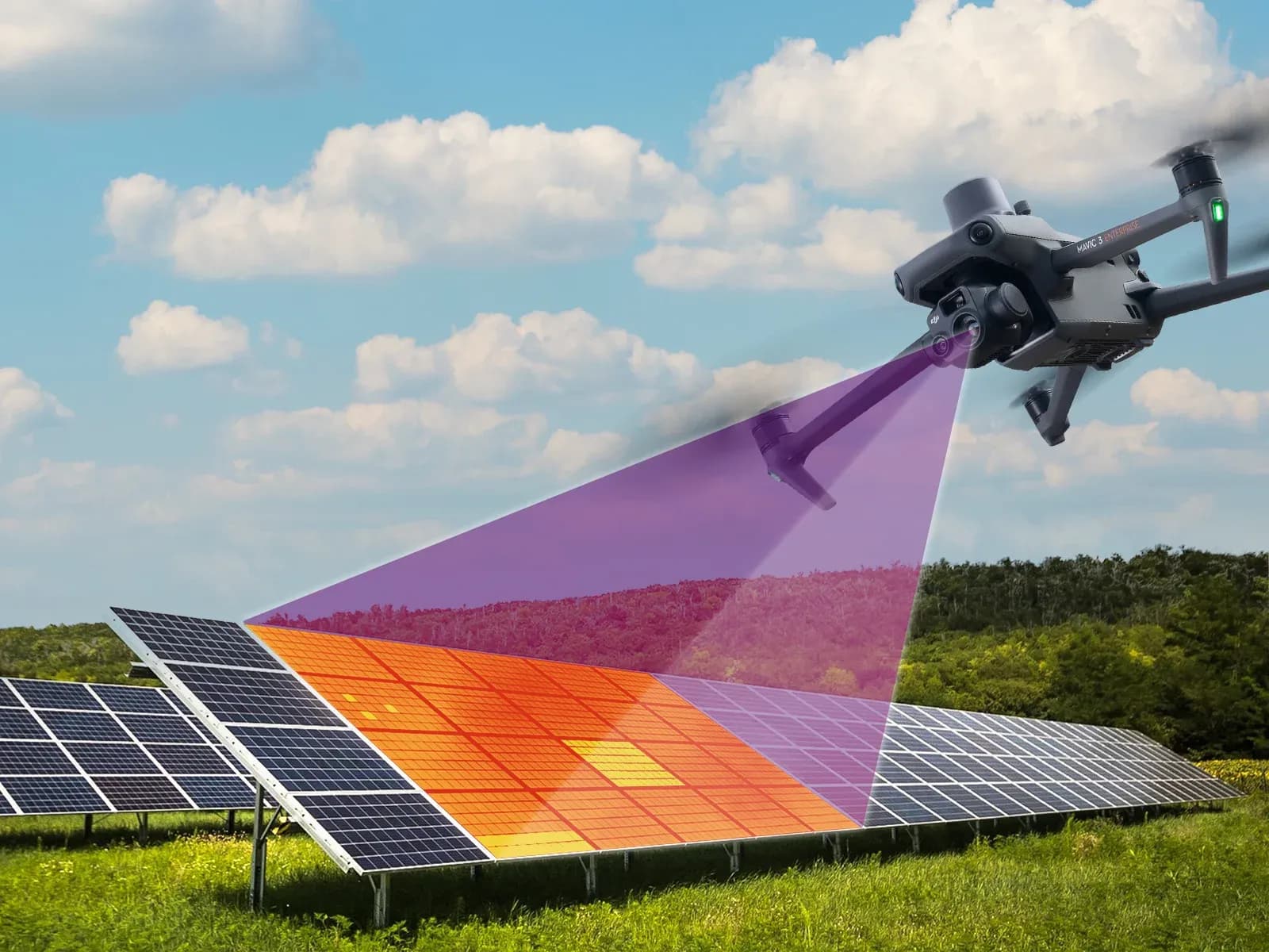 Illustration of a drone scanning solar panels with a purple beam and orange thermal overlay
