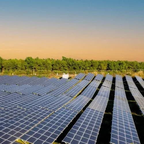 Centrale solaire au coucher du soleil Rangées de panneaux solaires au sol s’étendant jusqu’à l’horizon au coucher du soleil