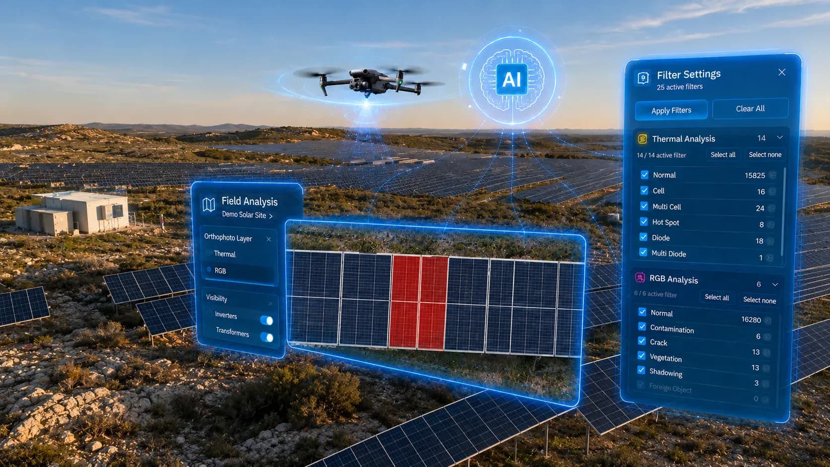 Vol de drone thermique au-dessus d’une centrale solaire, avec le panneau d’analyse MapperX affichant les anomalies détectées. Vol de drone thermique au-dessus d’une centrale solaire, avec le panneau d’analyse MapperX affichant les anomalies détectées.