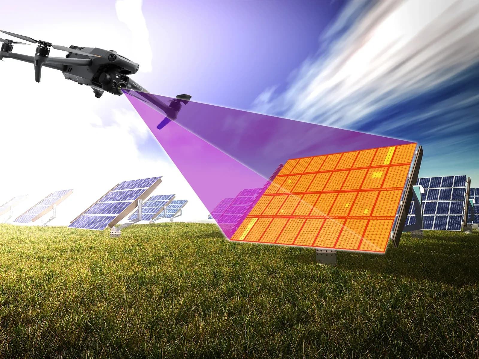 Illustration of a drone scanning solar panels with a purple beam and orange thermal overlay Illustration of a drone scanning solar panels with a purple beam and orange thermal overlay