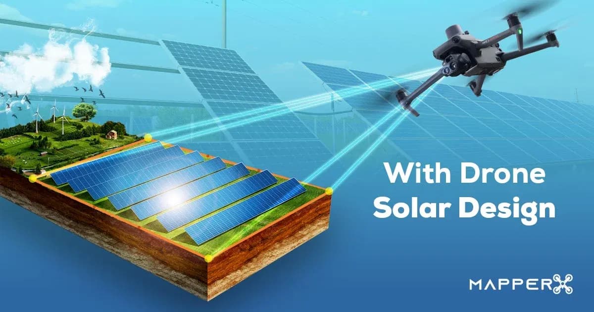 Illustration of drone-based solar design with a three-dimensional model of a solar panel site Illustration of drone-based solar design with a three-dimensional model of a solar panel site