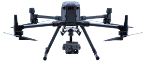 DJI Matrice 300 drone with landing gear and a suspended camera