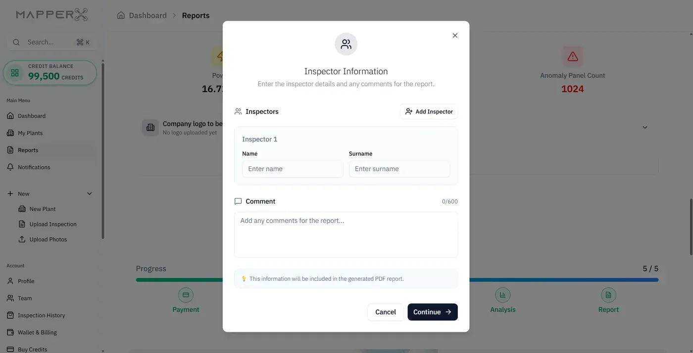 Formulario de informe de MapperX para datos del inspector y comentarios Formulario de informe de MapperX para datos del inspector y comentarios